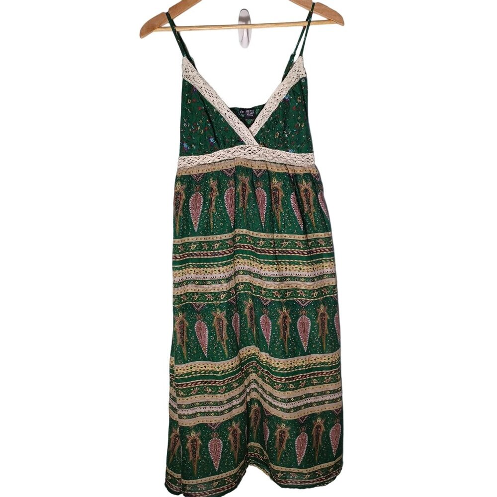 Womens Boho Midi Dress Medium Green Paisley Hippie Fairycore Festival Peasant